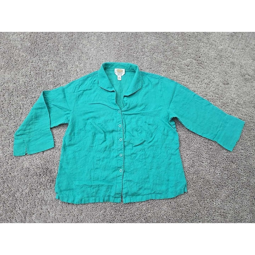 Talbots Button Up Shirt Womens 12W Turquoise‎ 3/4 Sleeve Irish Linen Casual